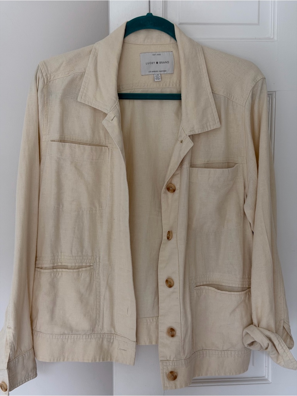 Lucky Brand Linen Cream Button-Up Jacket with Patch Pockets